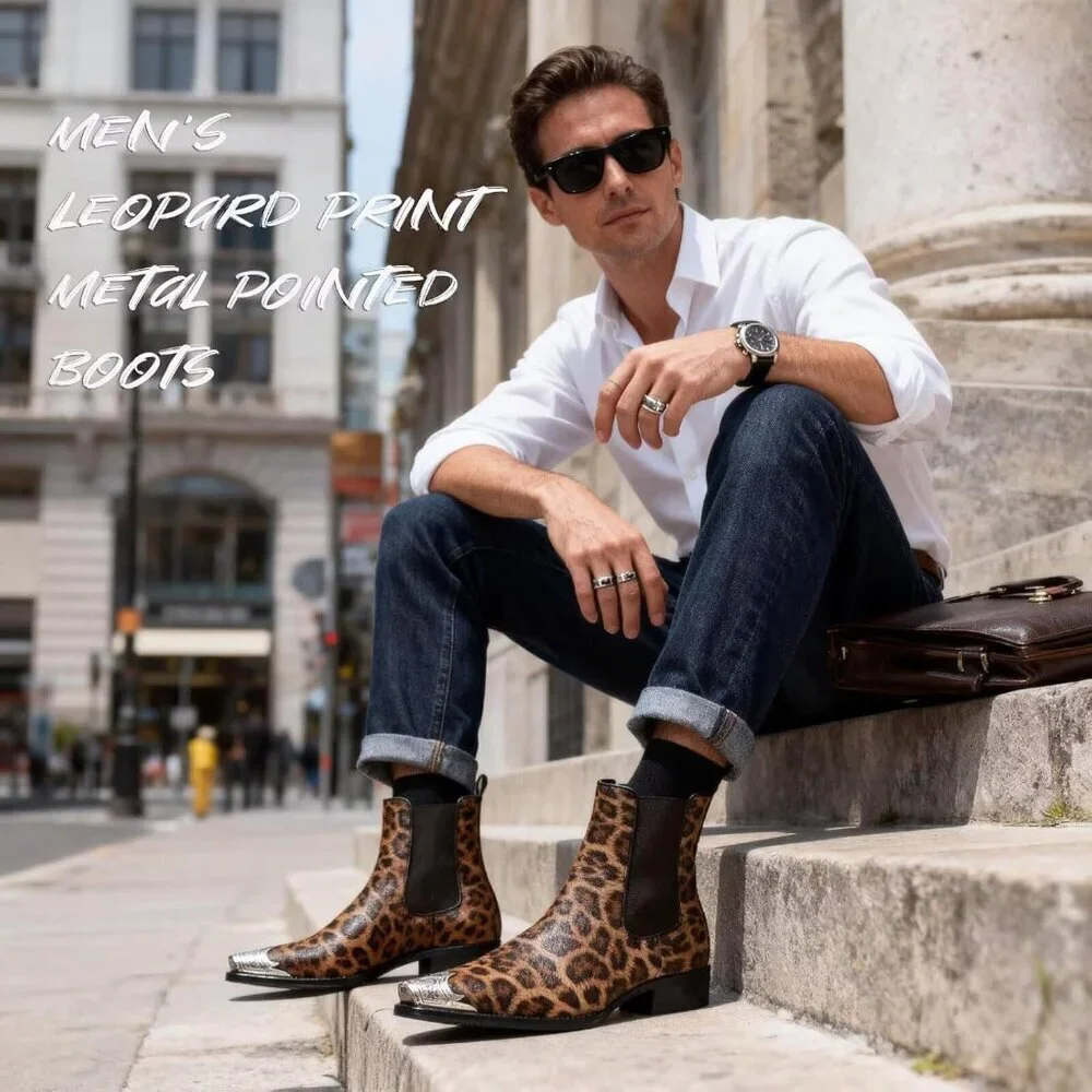 Men’s Brown Chelsea Pointed Metal Toe Leopard Print Ankle Street Style Boots